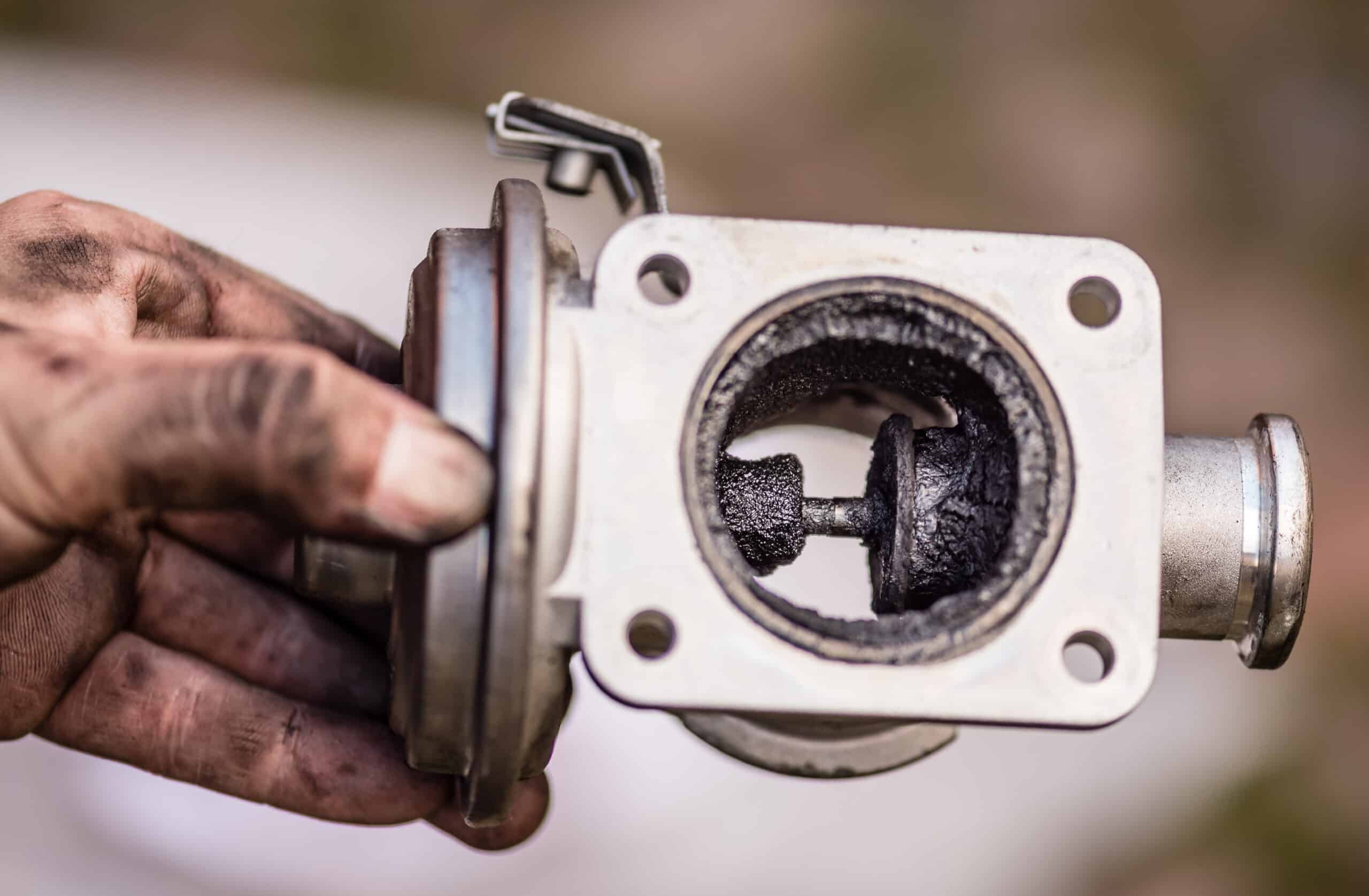 Mécanicien tenant une vanne EGR diesel fortement encrassée de suie noire, nécessitant nettoyage ou remplacement.