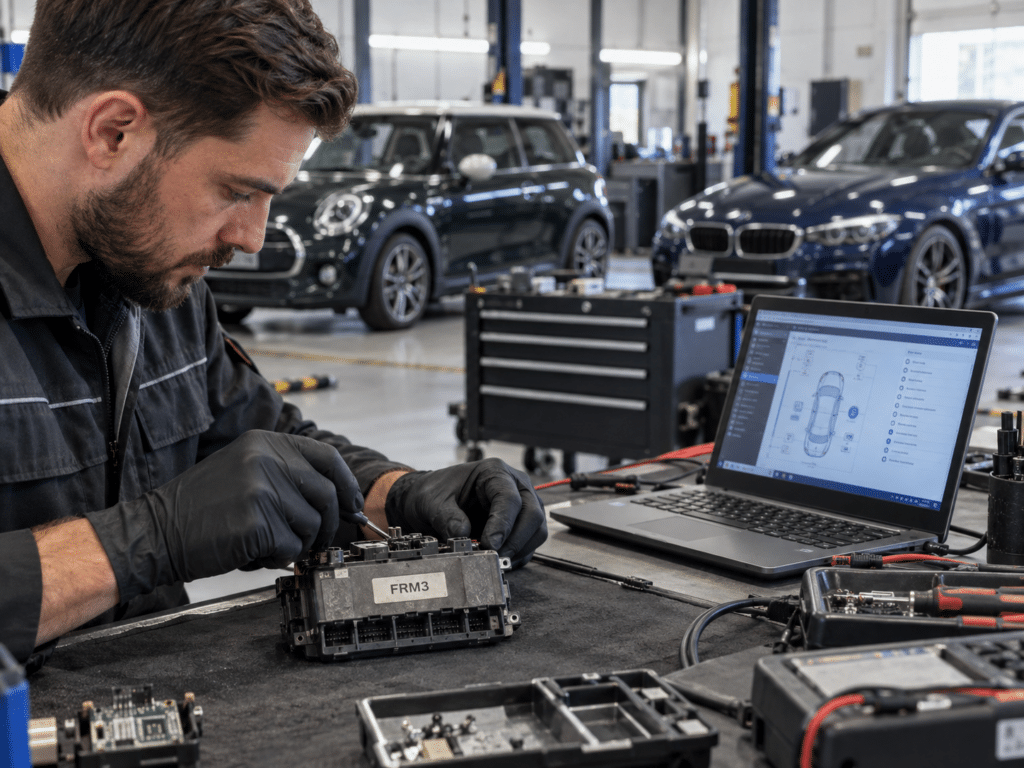 Mécanicien réparant un module électronique FRM3 avec diagnostic sur ordinateur dans un garage automobile.