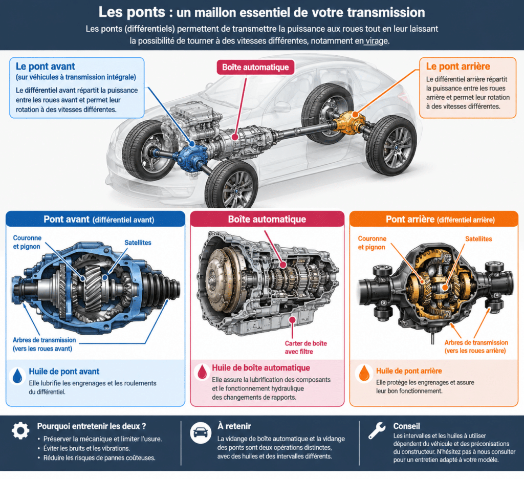 Schéma technique de transmission automobile détaillant le pont avant, arrière et la boîte automatique avec huiles dédiées.